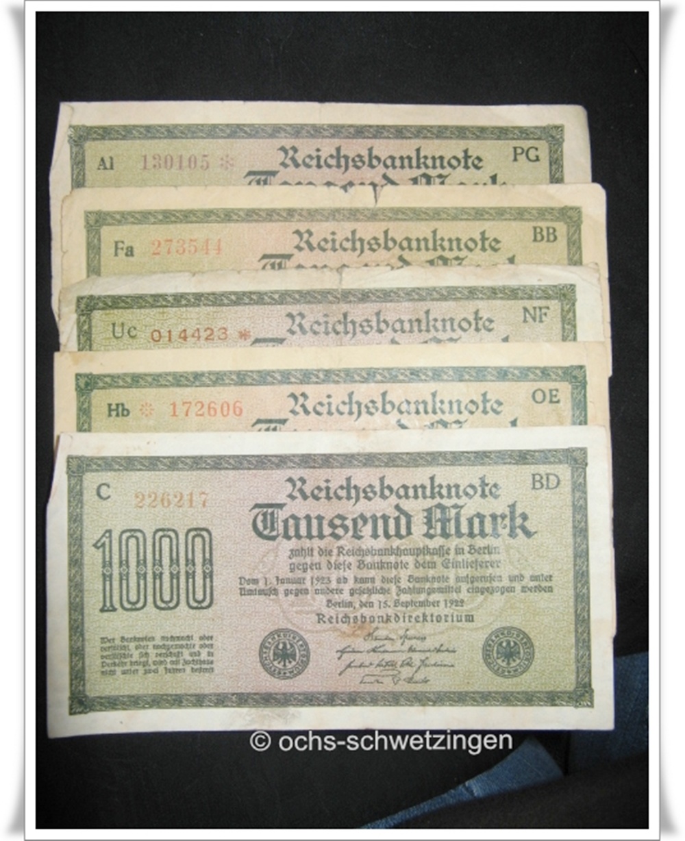 Banknote Germany 1000 Mark 1922 5 Stück (P-76 - 10/2)