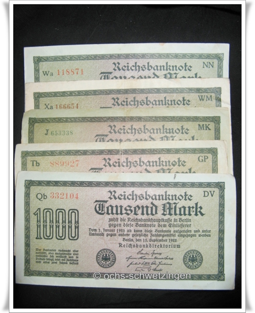 Banknote Germany 1000 Mark 1922 5 Stück (P-76 - 10/3)