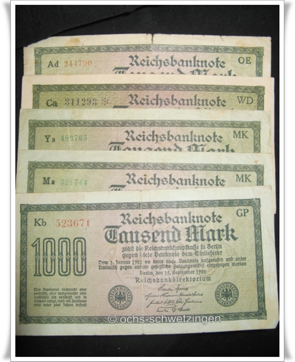 Banknote Germany 1000 Mark 1922 5 Stück (P-76 - 10/7)