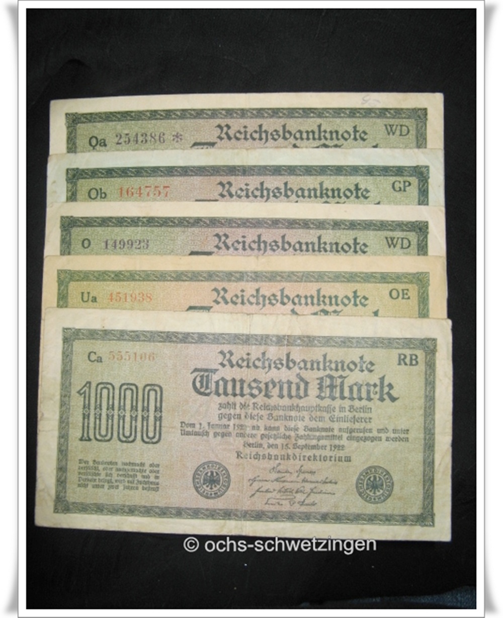 Banknote Germany 1000 Mark 1922 5 Stück (P-76 - 10/10)