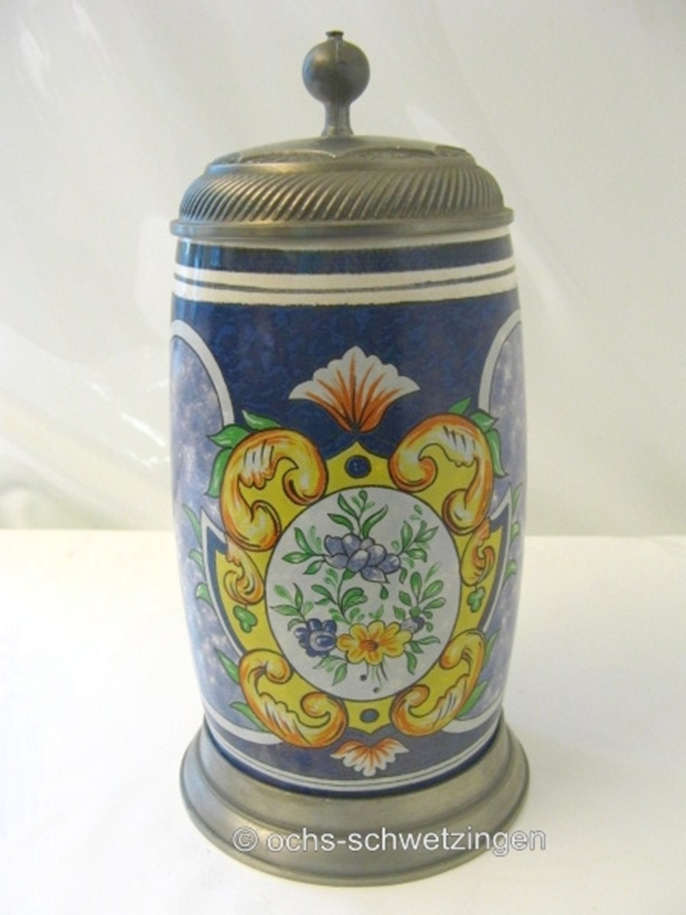 Walzenkrug  "Binding  Brauerei 1991"  Fayance mit gepunztem Zinndeckel