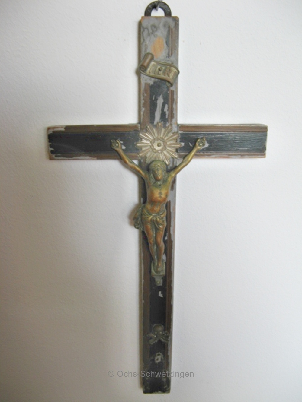 Kruzifix Kreuz Holz + Messing 27 cm - stark benutzt  (K9)