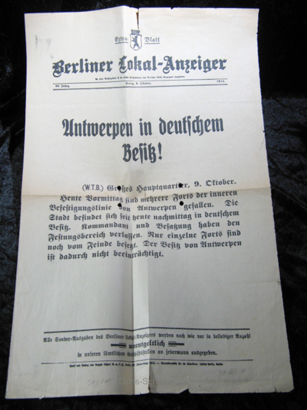 Extrablatt - Antwerpen in deutschem Besitz vom 9.Okt 1914 - Original  (B28)